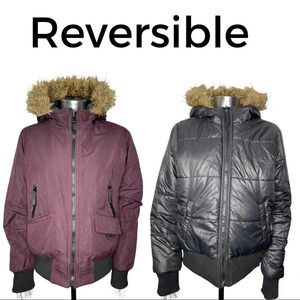 Reversible Bomber Jacket w/ Faux Fur  Trim on Hood Winter Coat